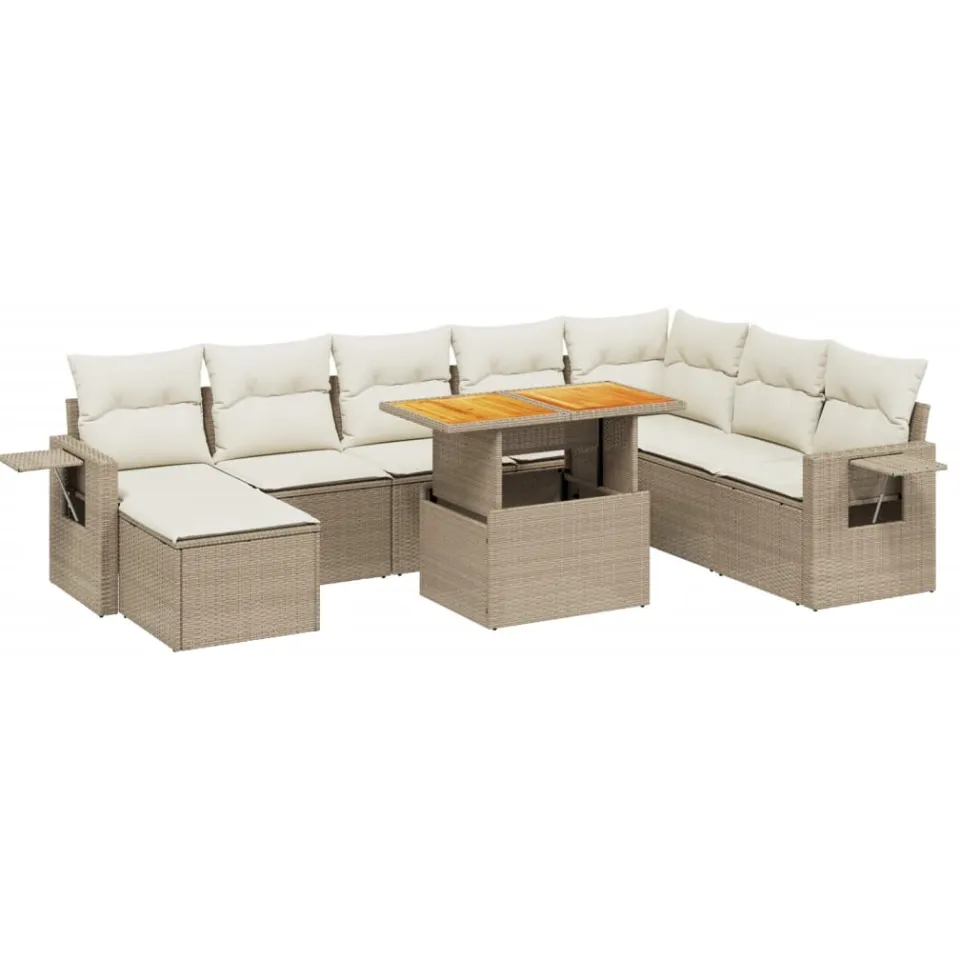 vidaXL 9-delige Loungeset met kussens poly rattan beige