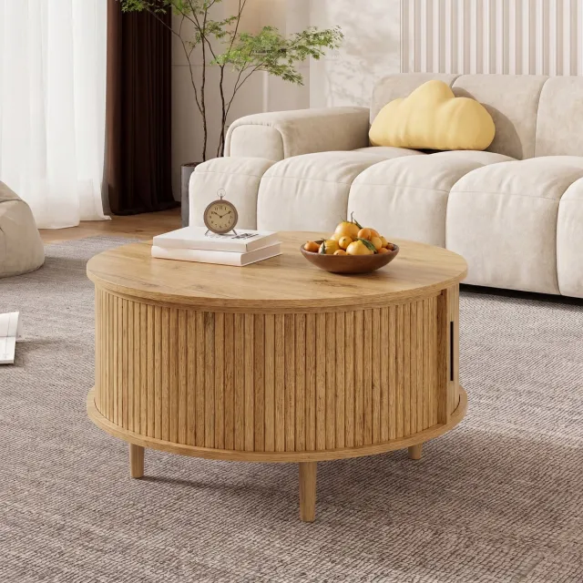 DESMIU Salontafel - Hoogte Instelbaar Met Opbergruimte En Schuifdeur - Rond Modern Design Voor Woonkamer - MDF - Eikenkleur - 80x80x59 Cm