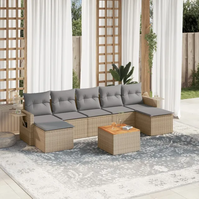vidaXL 8-delige Loungeset met kussens poly rattan gemengd beige, foto 2