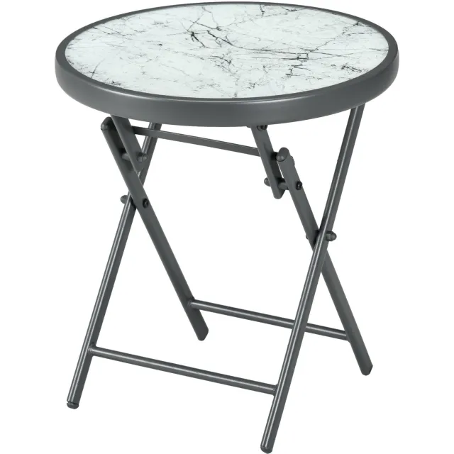 Lunpog opklapbare salontafel, opklapbare bijzettafel, blad van gehard glas, metalen frame, tuintafel, rond 45 cm, voor terras, balkon, tuin, wit Blauw