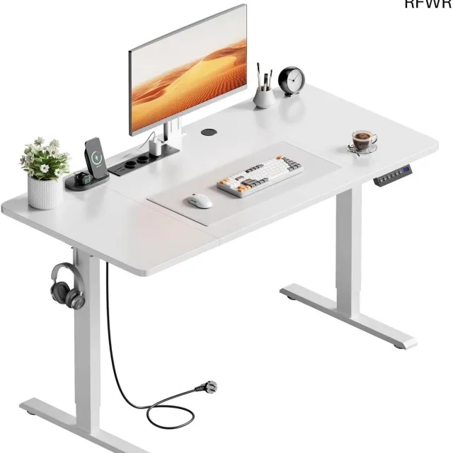 RFWR In Hoogte Verstelbaar Elektrisch Bureau met Stopcontact en USB-poorten, Gamingbureau met Geheugenfunctie 120 x 60 cm Wit