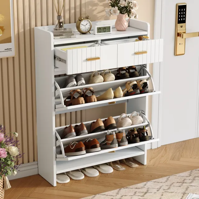 STILVORA Schoenenkast Met Klapvakken En 2 Lades Smal Staand Modern Voor Hal En Woonkamer Van Spaanplaat Wit 75 X 24 X 108,5 Cm