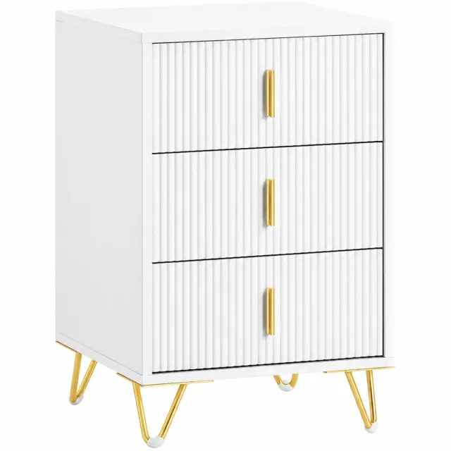 Veya Nachtkastje - Wit - Goud - Kastje - Nachtkast - Past goed naast hoger bed - 63 cm hoog - Met 3 lades - 63x40x40 cm (hxbxd)