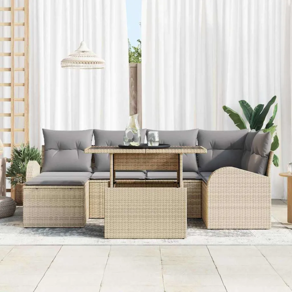 vidaXL Tuin Sofa Set 7 st Beige en Licht Grijs poly rattan, foto 3
