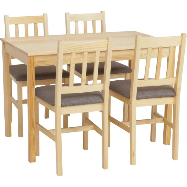 MCW Eetkamer-set MCW-F77, zitgroep Eetkamergroep, massief hout dennenhout Stof Landhuis 110 cm ~ naturel Bekleding grijs