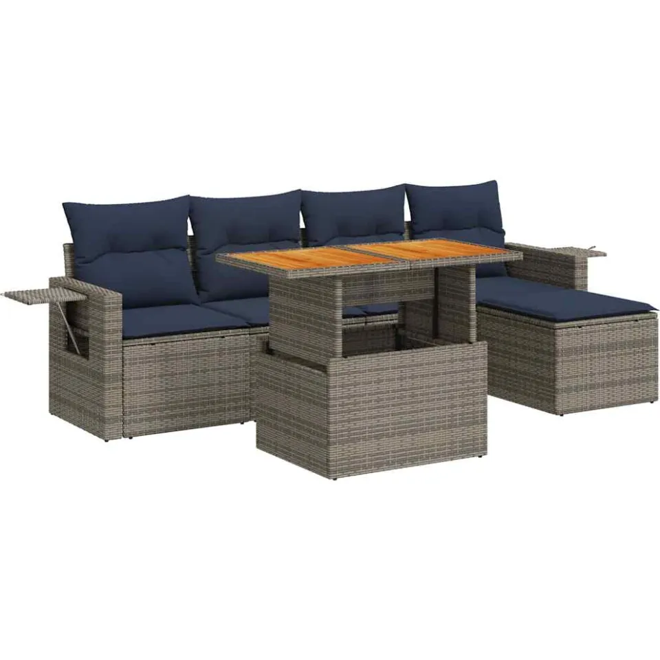 vidaXL 6-delige Loungeset met kussens poly rattan grijs