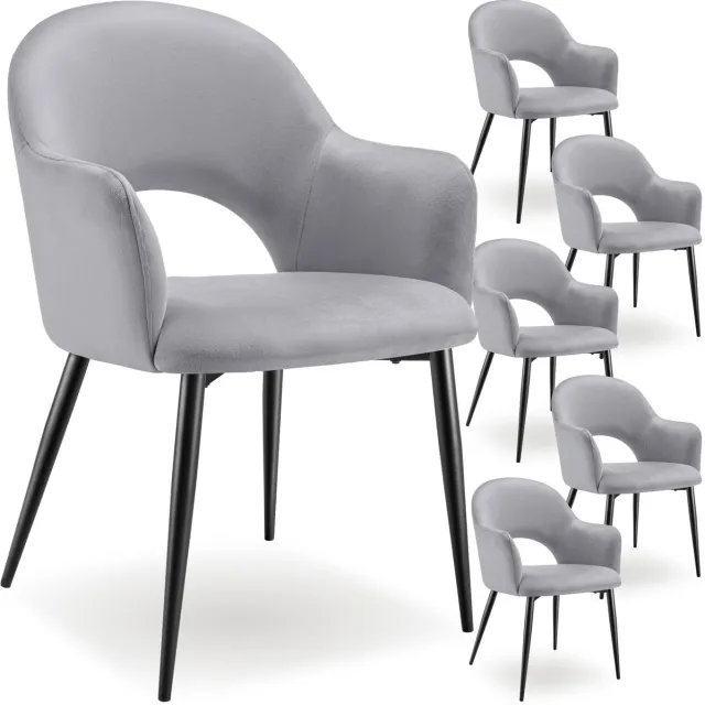Tectake Set van 6 Eetkamerstoelen Sachel - Fluweellook Gestoffeerde Fauteuils - Keukenstoel - Ergonomische Stoelen voor Woonkamer en Keuken - Eetkamerstoel met Armleuning - 120 kg Draagkracht per Stoel - Lichtgrijs