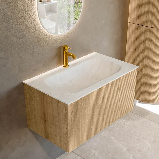 Mondiaz KURVE-DLUX 80 cm Onderkast Greeploos 1 Lade Zonder Deuren Oak, Wastafel Solid Surface Volledig Opalo 1 Kraangat Zonder Spiegel (KRVBGS801L0D1KM-Oak/Opa)