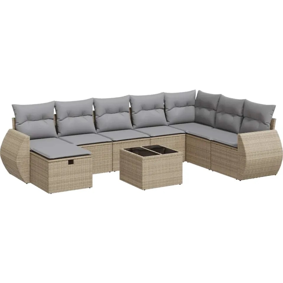 vidaXL 9-delige Loungeset met kussens poly rattan beige, foto 3
