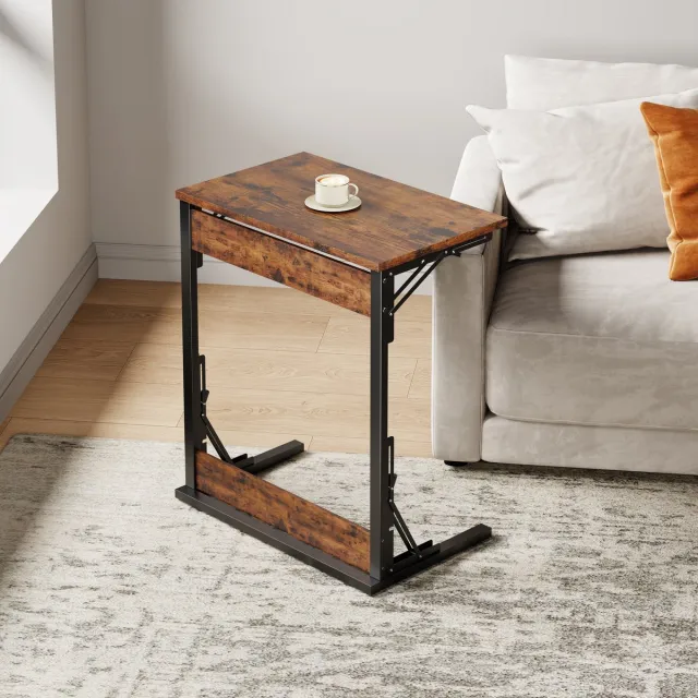 HAUSS SPOLE Bijzettafel Set Van 2 - Inklapbare C Vorm Met Verstelbare Poten - Voor Bank Bed Thuiswerkplek - Metaal En Spaanplaat - 60x37x71 Cm Zwart+Bruin；Set Van 2