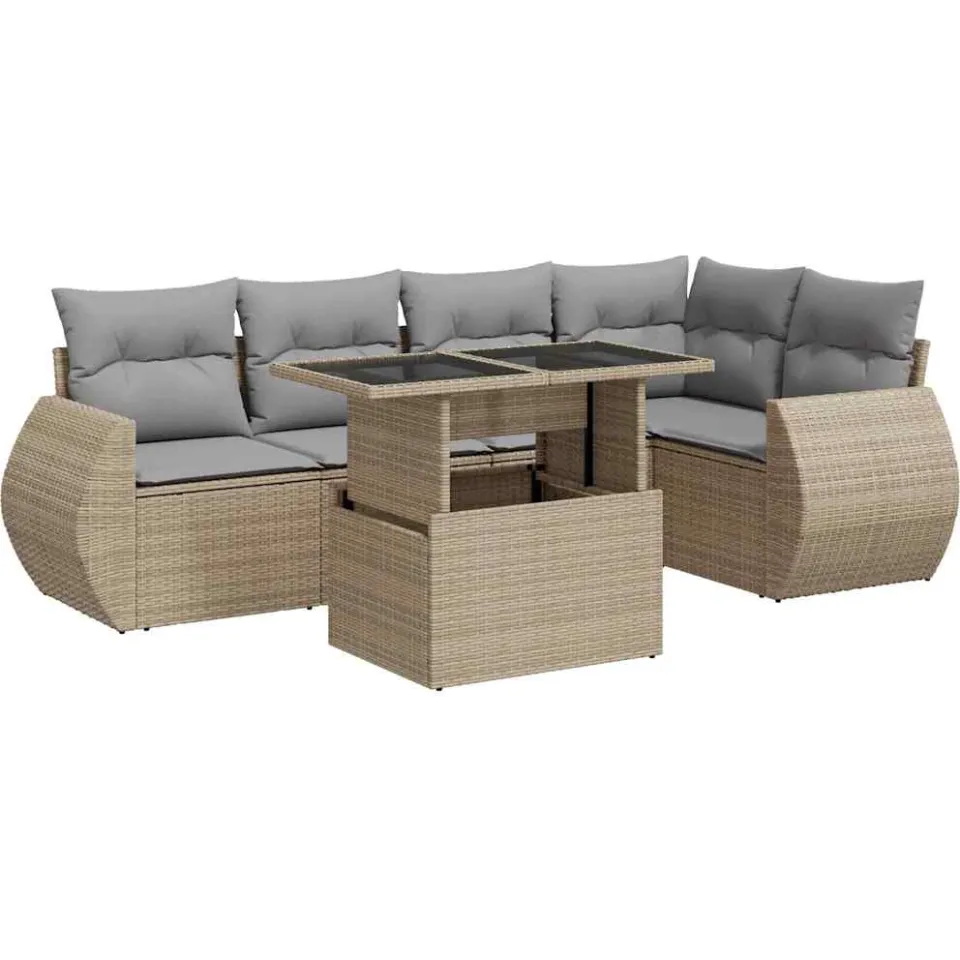 vidaXL 6-delige Loungeset met kussens poly rattan beige, foto 3