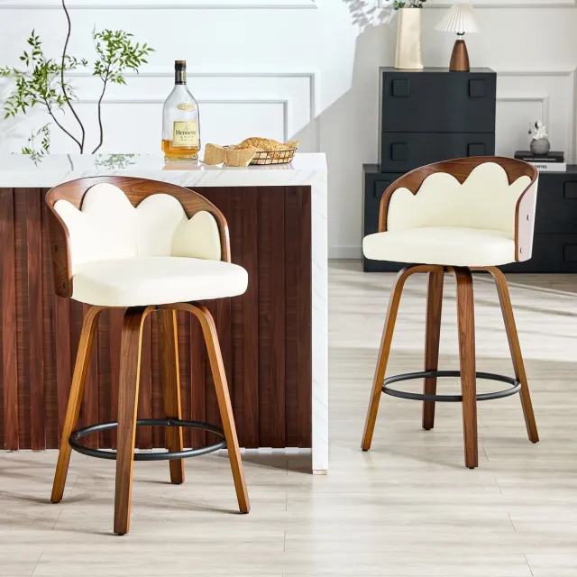 OKWISH Barkruk - Set Van 2 Met Bloemvormige Rugleuning - Gewatteerde Zitting En Voetsteun - Voor Keukeneiland Of Bar - Hout En Kunstleer - Wit Bruin