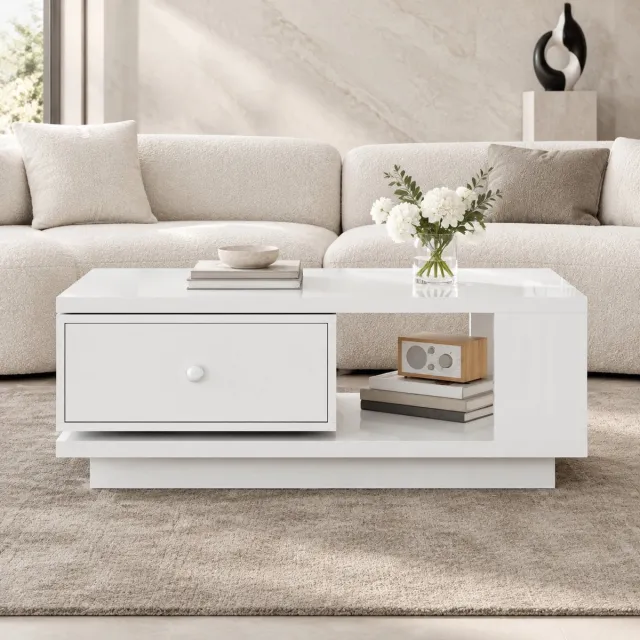OKWISH Salontafel Met Draaibare Lade En Open Vak Voor Woonkamer Modern Hoogglans Wit MDF En Spaanplaat 90 x 48 x 35 cm