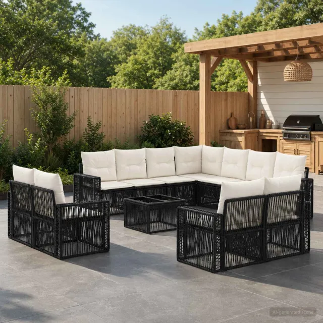 vidaXL Tuinbankenset 12 st 11-zits Zwart en Cream Wit poly rattan