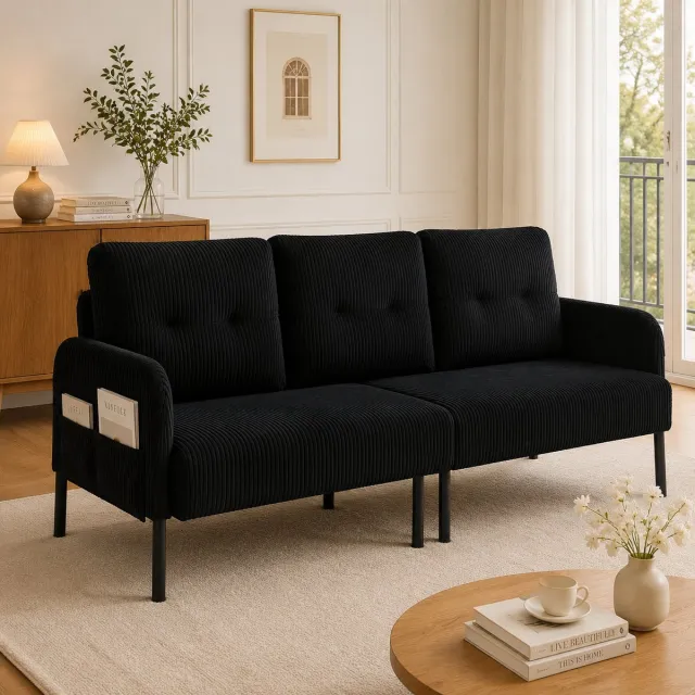 Zubaliya 3-zits corduroy bank - Voor woonkamer, slaapkamer en thuiskantoor - 3 personen - Grijs - Hoge rugleuning en zijvakken - Stevig metalen frame - Zachte comfortabele stof Zwart