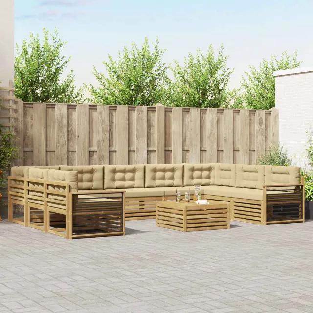 vidaXL Buiten bankenset 10 st 9-zits Wit en Beige Massief Acaciahout