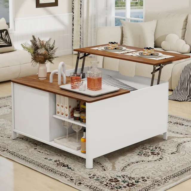 Puluomis Salontafel - Woonkamertafel - Verstelbaar tafelblad - Vierkant - 80x80cm - Grote opbergruimte Wit