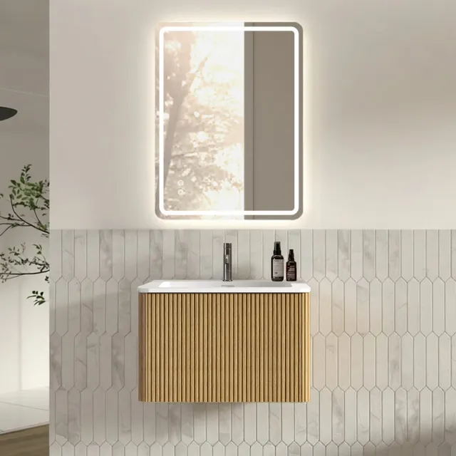 STILVORA Badkamermeubelset - Zwevend Badkamermeubel Met Lade En Led Spiegel - Voor Kleine Badkamers - Houtlook Eiken - 60 Cm Oak