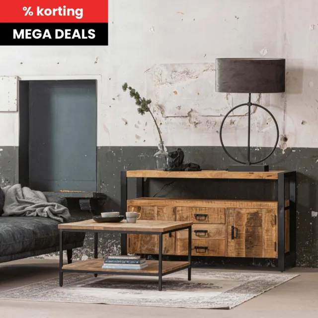 Mahom Mangohouten Salontafel Miami 80 x 80 Mahom Industrieel - Kleine tafel van Mangohout & Metaal - Industriële Huiskamertafel Bruin
