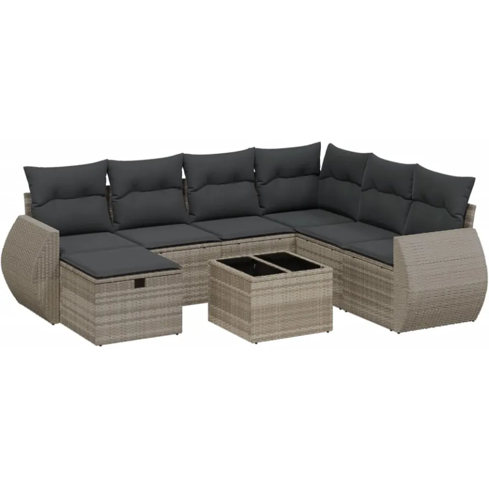 vidaXL 8-delige Loungeset met kussens poly rattan lichtgrijs grijs