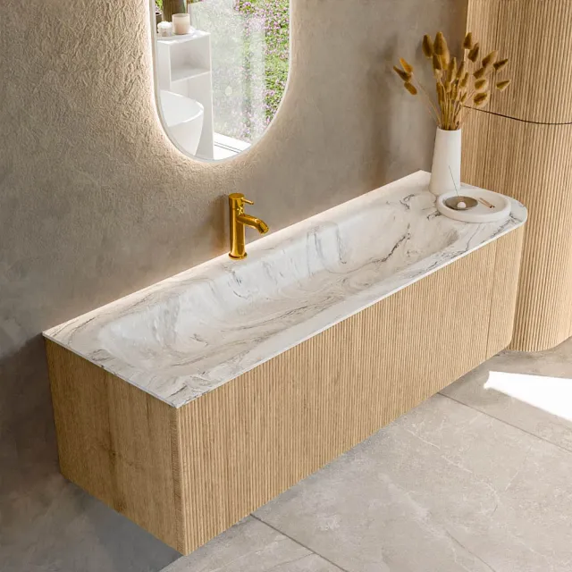 Mondiaz KURVE-DLUX 145 cm Onderkast Greeploos 1 Lade Met Deuren Oak, Wastafel Solid Surface Links Glace 1 Kraangat Zonder Spiegel (KRVBGL145R1L1D1KL-Oak/Gla)