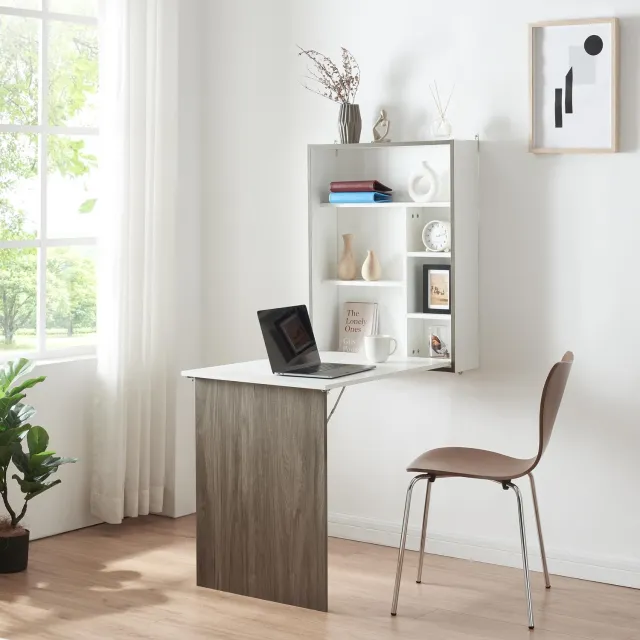Famanu Wandklaptisch Greve, inklapbare wandtafel met opbergruimte, multifunctionele wandtafel voor keuken en eetkamer, wit met houtlook