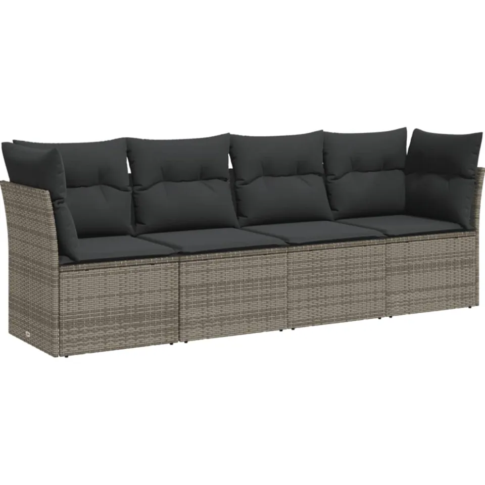 vidaXL 4-delige Loungeset met kussens poly rattan grijs, foto 3