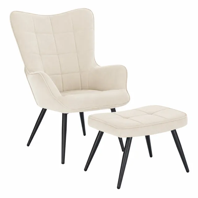 Billie & Loïs Relaxfauteuil - Loungestoel - Met voetenbank - Hoge rugleuning - Comfortabel - Veelzijdig - Metalen onderstel Créme