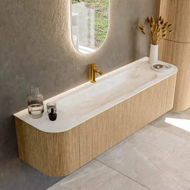 Mondiaz KURVE-DLUX 170 cm Onderkast Greeploos 1 Lade Met Deuren Oak, Wastafel Solid Surface Midden Ostra 1 Kraangat Zonder Spiegel (KRVBGL170L+R1L2D1KM-Oak/Ost)