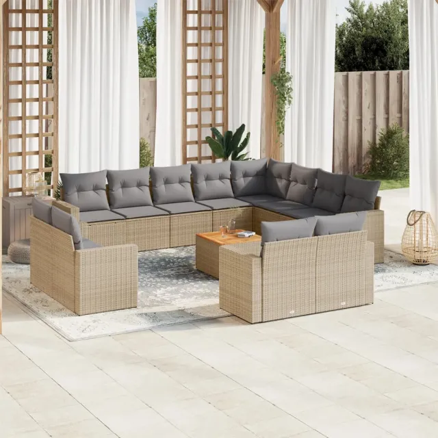 vidaXL 13-delige Loungeset met kussens poly rattan gemengd beige, foto 2