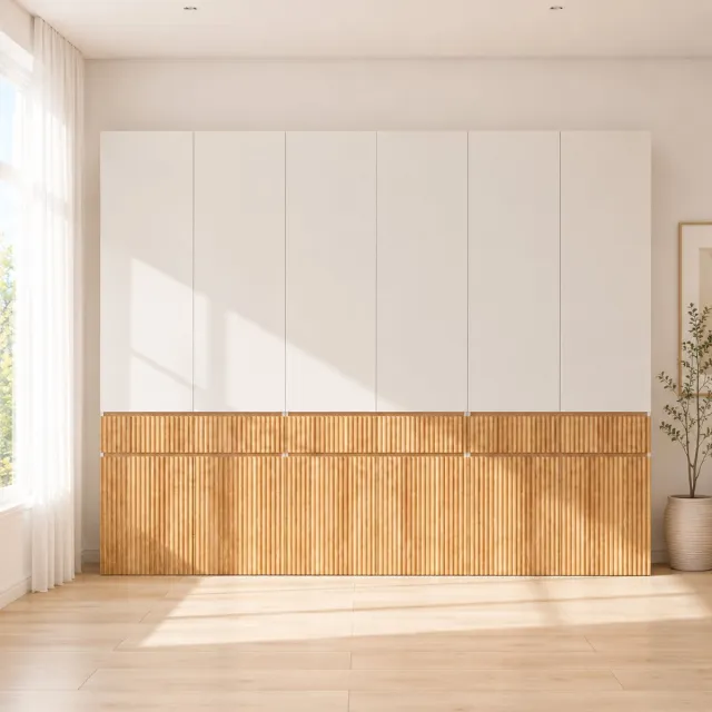 Clruro Kledingkast - 270 x 50 x 200 cm - 12 Deuren - 3 Hangroedes en 3 Lades - MDF/PB - Lichte Eik/Grijs Naturel