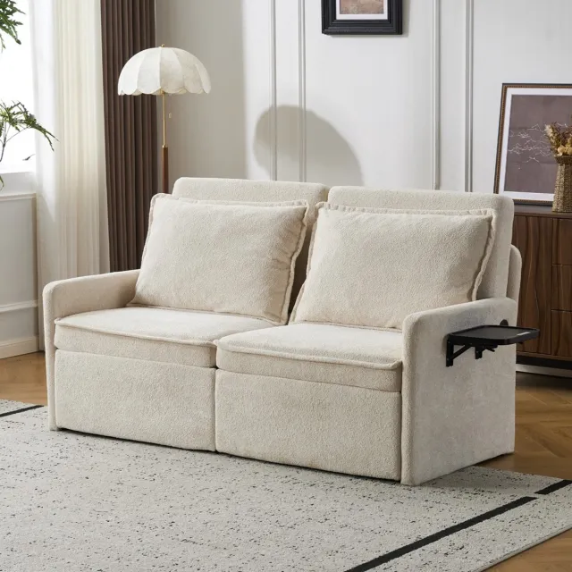 KOMHTOM Slaapbank met kussens - USB - Chenille Beige - 3-in-1 bank met verstelbare rugleuning en opbergruimte