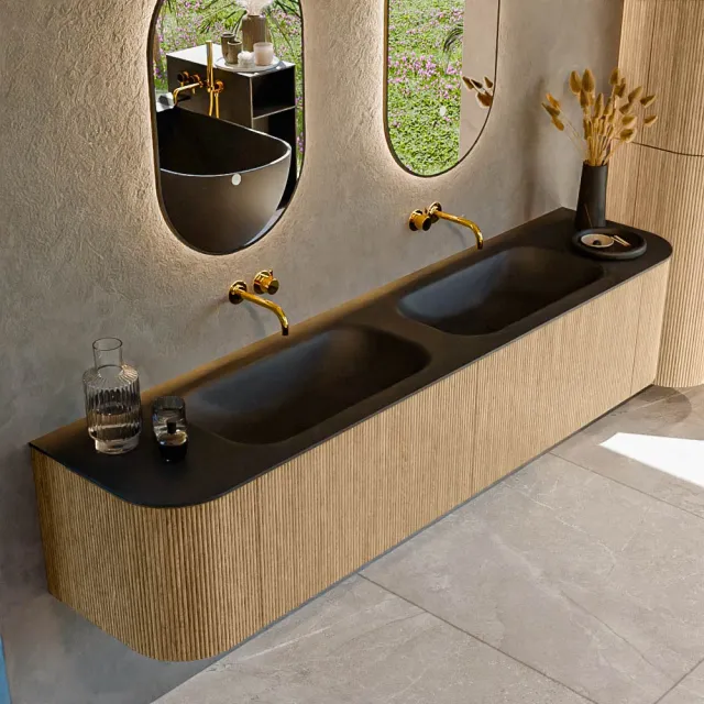 Mondiaz KURVE 200 cm Onderkast Greeploos 2 Lades Met Deuren Oak, Wastafel Solid Surface Dubbel Urban 0 Kraangaten Zonder Spiegel (KRVBGS200L+R2L2D0KD-Oak/Urb)