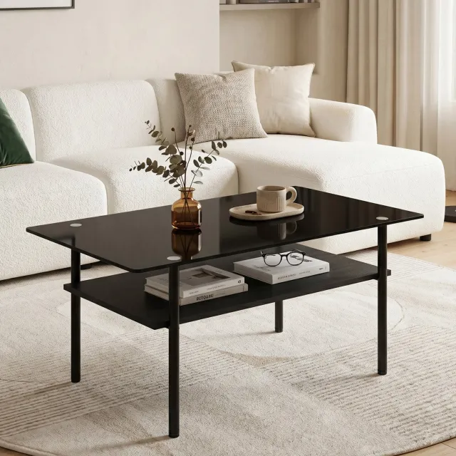MEUNIQ Salontafel 98 x 58 x 45 cm, rechthoekige zwarte salontafel met tafelblad van gehard glas, MDF-legplank en metalen frame voor de woonkamer
