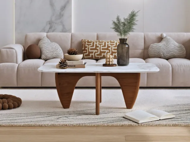 MEUBI Salontafel Marmer - Walnoot Hout - Marmer blad - Vierkant - Coffee table - Koffietafel Walnoot marmer