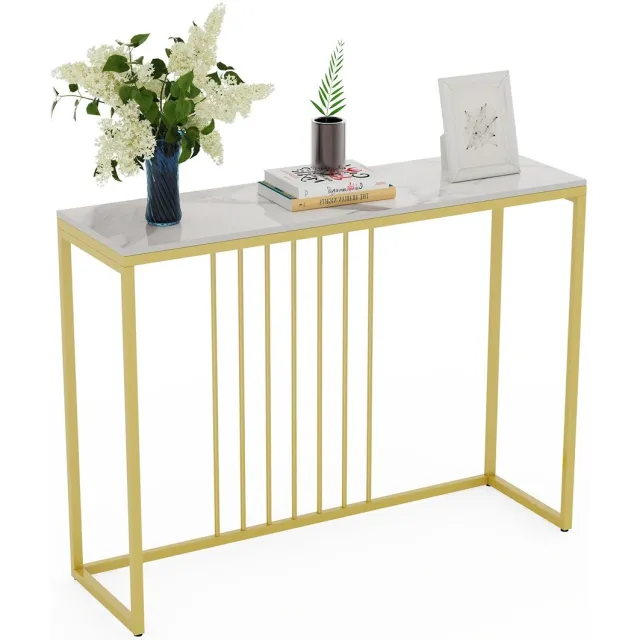 Linkforu Side table – Bijzettafel - Wandtafel - Smalle Tafel - Kaptafel - Marmer - Goud Metalen Frame - 100x30x78.5cm - Goud - Wit Wit - Goud