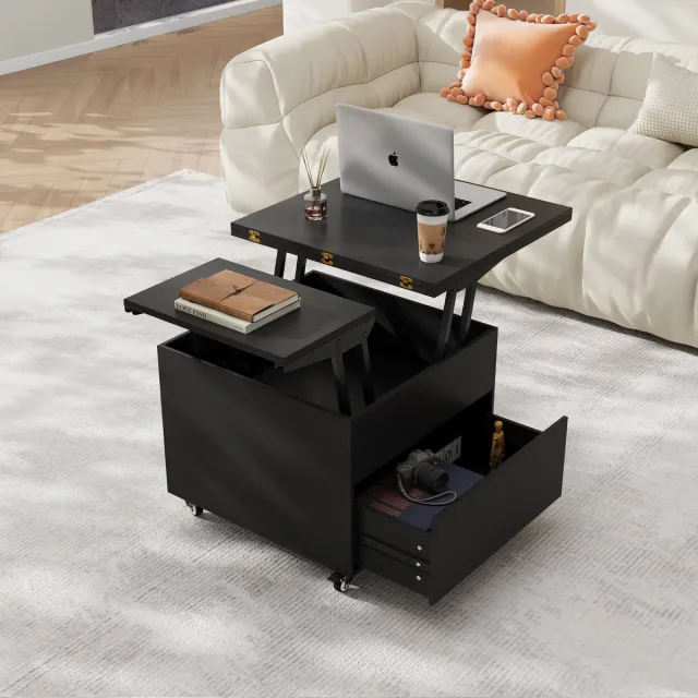 VOWNER in hoogte verstelbare salontafel, 3-in-1 multifunctionele woonkamer-/eettafel Zwarz