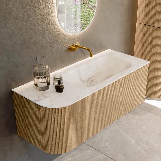 Mondiaz KURVE-DLUX 115 cm Onderkast Greeploos 1 Lade Met Deuren Oak, Wastafel Solid Surface Rechts Frappe 0 Kraangaten Zonder Spiegel (KRVBGS115L1L1D0KR-Oak/Fra)