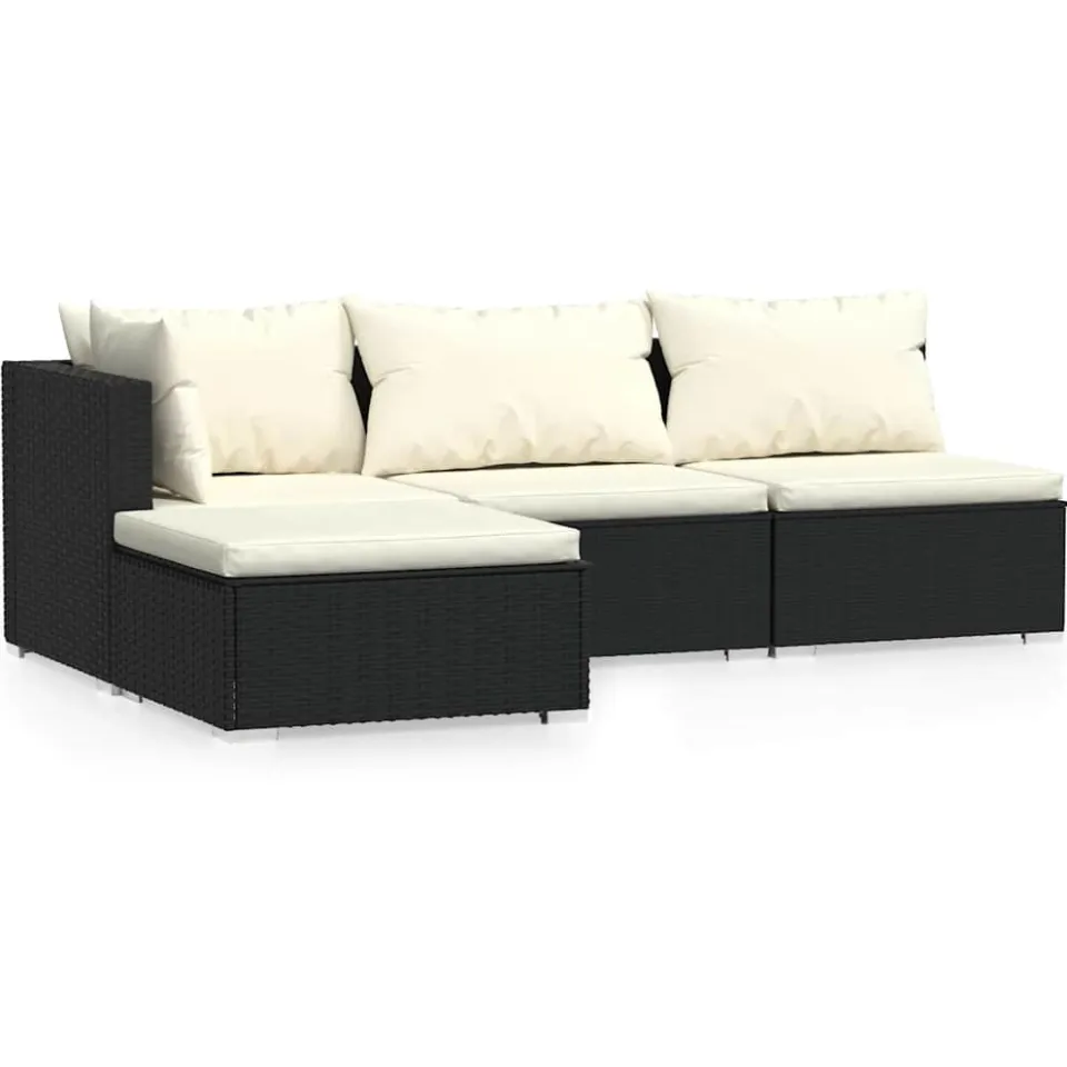 vidaXL 4-delige Loungeset met kussens poly rattan zwart, foto 4
