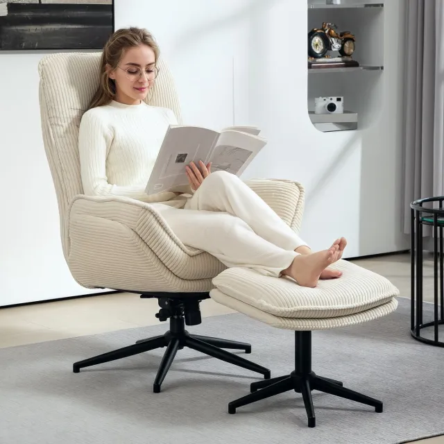 MIVRAY Relaxfauteuil 74x85x104 cm - Draaibaar Met Handmatig Verstelbare Rugleuning En Hocker - Voor Woonkamer En Slaapkamer - Stof Beige