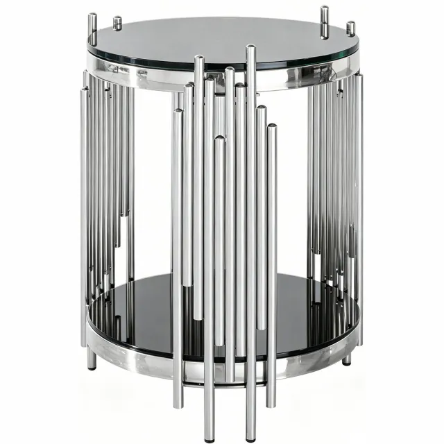 Merax Ronde Glazen Bijzettafel - Zwart Glas 45 cm - Zilverkleurig RVS Frame - 2-Laags Salontafel - Voor Woonkamer Slaapkamer Balkon