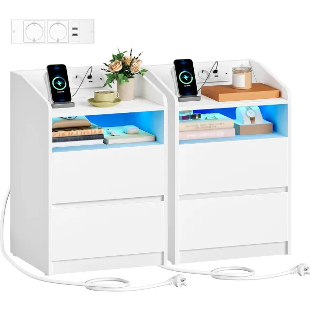 HILINSIE Nachtkastjes (set van 2), bijzettafel met 2 lades, 2 stopcontacten, 2 USB-A-poorten, ledverlichting, open schap, modern, voor slaapkamer en woonkamer, 35 x 40 x 58 cm, wit