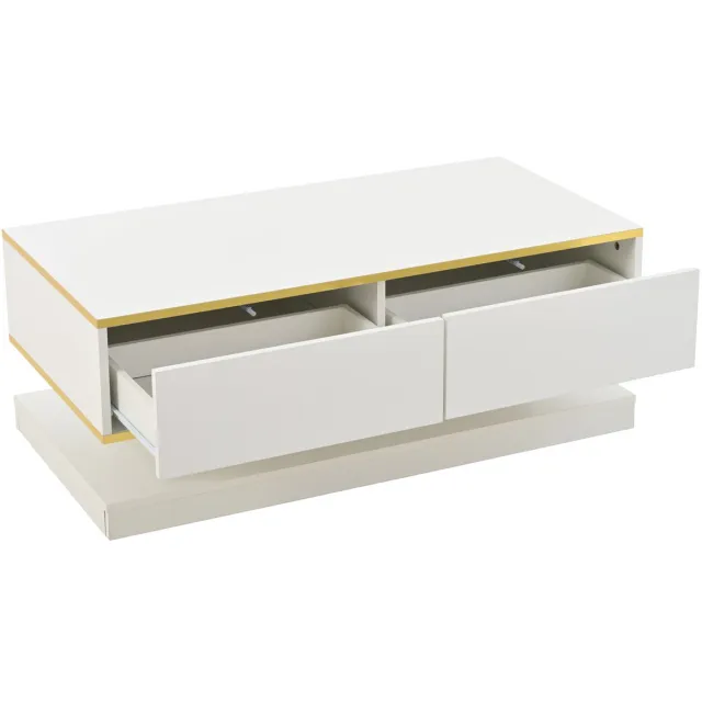 REDOM Salontafel 100×50×38 cm – Warmwit hoogglans met gouden rand, uniek smal midden, 2 grote lades