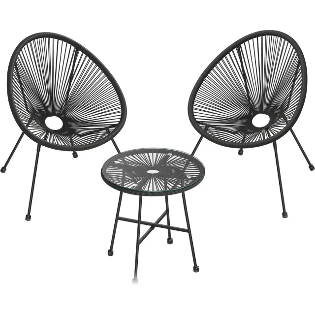 Songmics Tuinset - 2 Stoelen met Glazen Tafel - Voor Tuin en Binnengebruik Zwart
