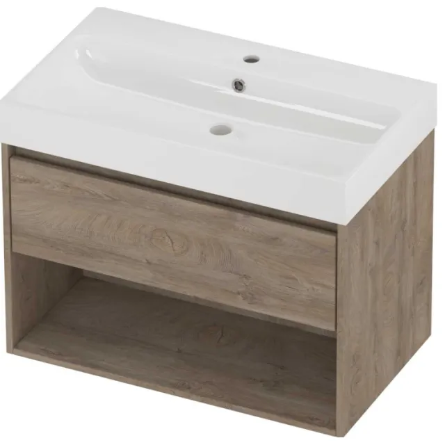 Proline Podium Badmeubelset Polystone Loft 1 Kraangat Met Schap 80x46x62 cm Glans Wit Raw Oak Eiken