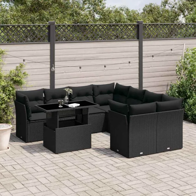 vidaXL 9-delige Loungeset met kussens poly rattan zwart, foto 2
