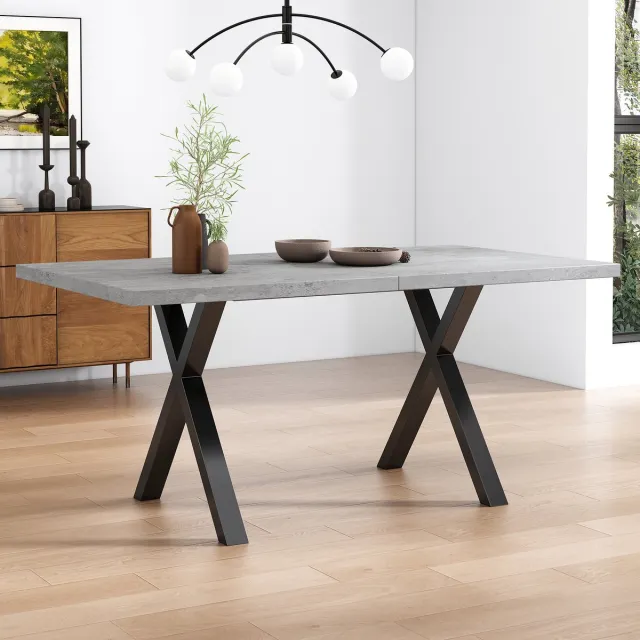 COVREO Eettafel met gekruiste poten – 140x80x76 cm – Eetkamertafel van MDF en metaal – voor eetkamer en woonkamer – Grijs/zwart Grijs + zwart