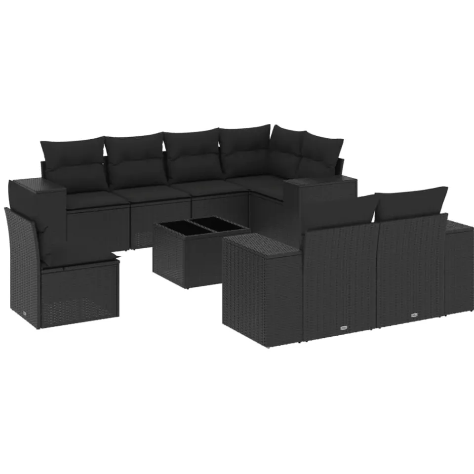 vidaXL 9-delige Loungeset met kussens poly rattan zwart
