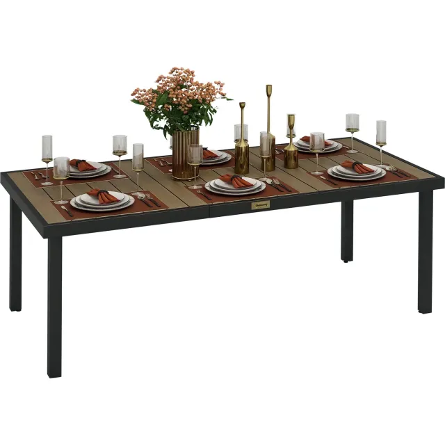 Lunpog Aluminium tuintafel 190x90 cm, weerbestendige buffettafel met houtlook, antislip kampeertafel, geschikt voor 8 personen Bruin