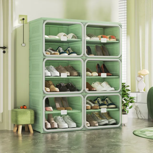 SHOPENTRA Groen-grijze schoenenkast 2 kolommen, 6 lagen, 85 x 33,5 x 104,3 cm met transparante PET-deuren en magneetsluiting
